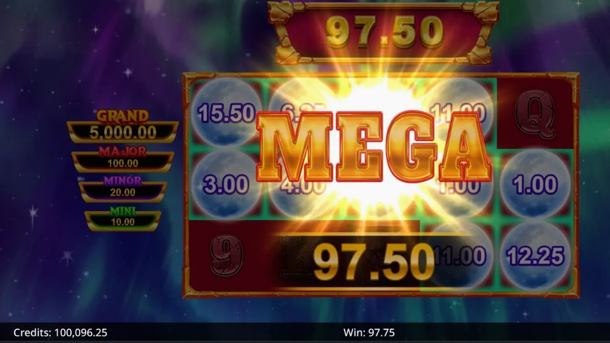 Pemandangan visual slot Area Link Wolf Unleashed dengan latar belakang Aurora Borealis dan simbol serigala