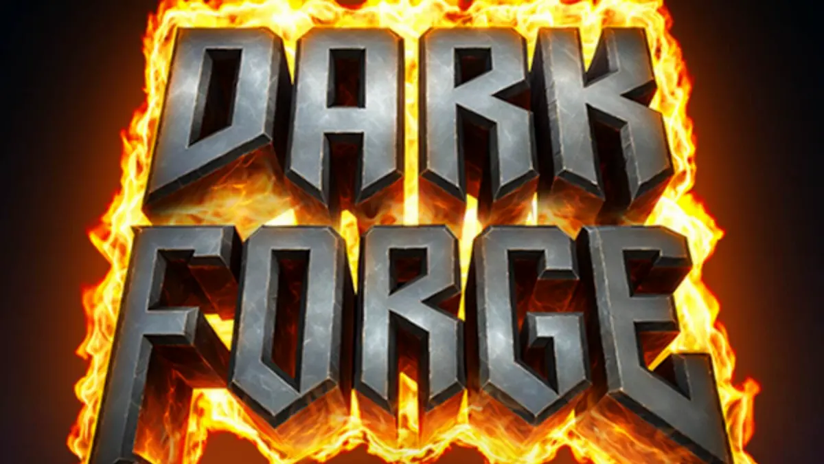 Tampilan visual slot Dark Forge dengan tema bengkel iblis dan elemen api